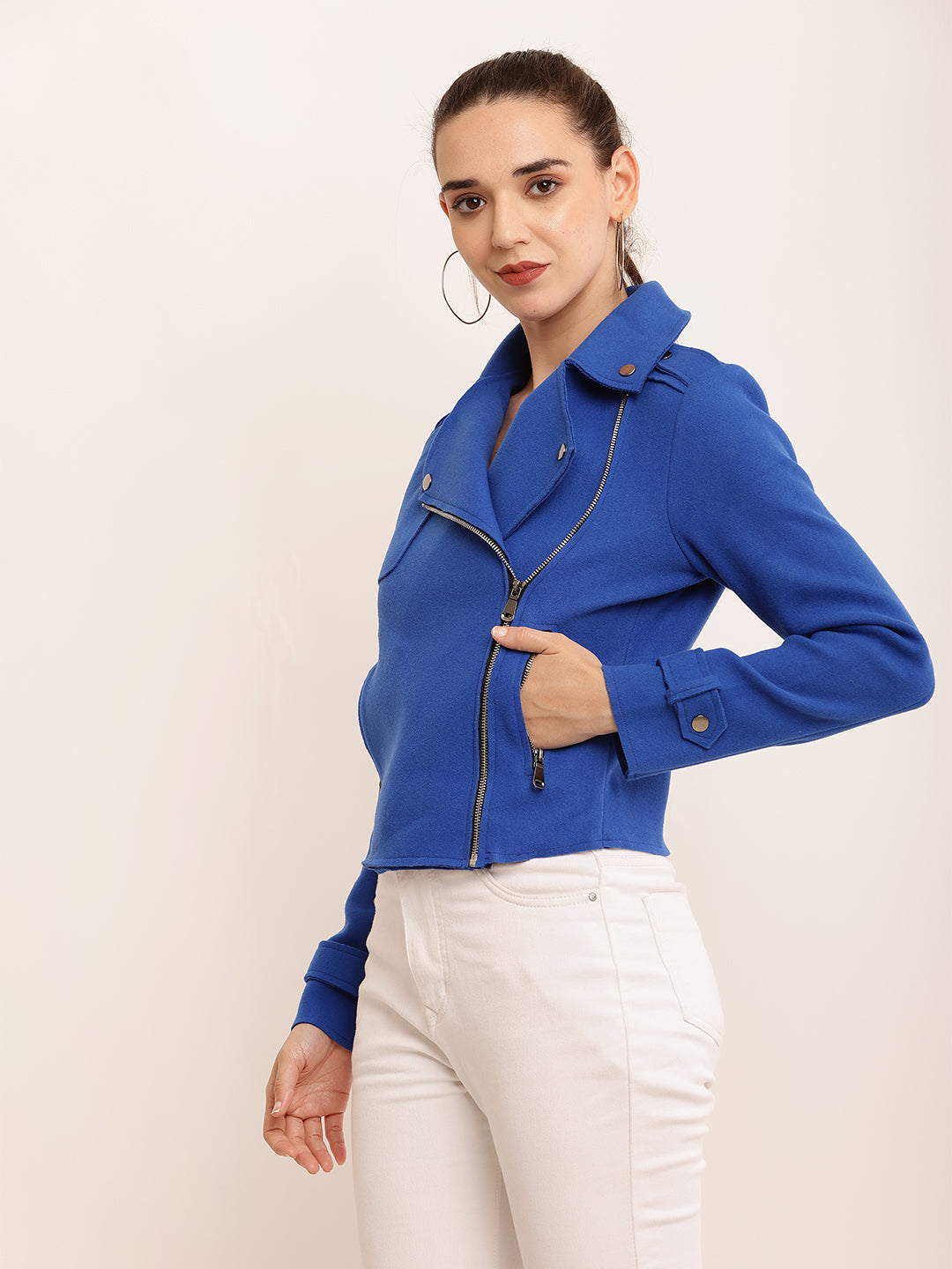 Cotton Full Sleeve with Lapel Collar Front Zipper Blue Jacket