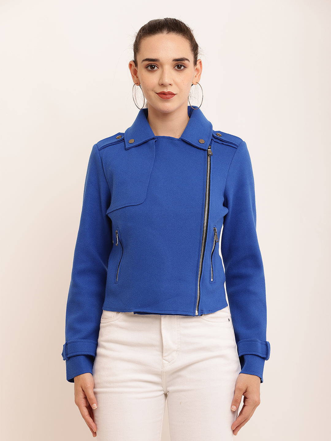 Cotton Full Sleeve with Lapel Collar Front Zipper Blue Jacket