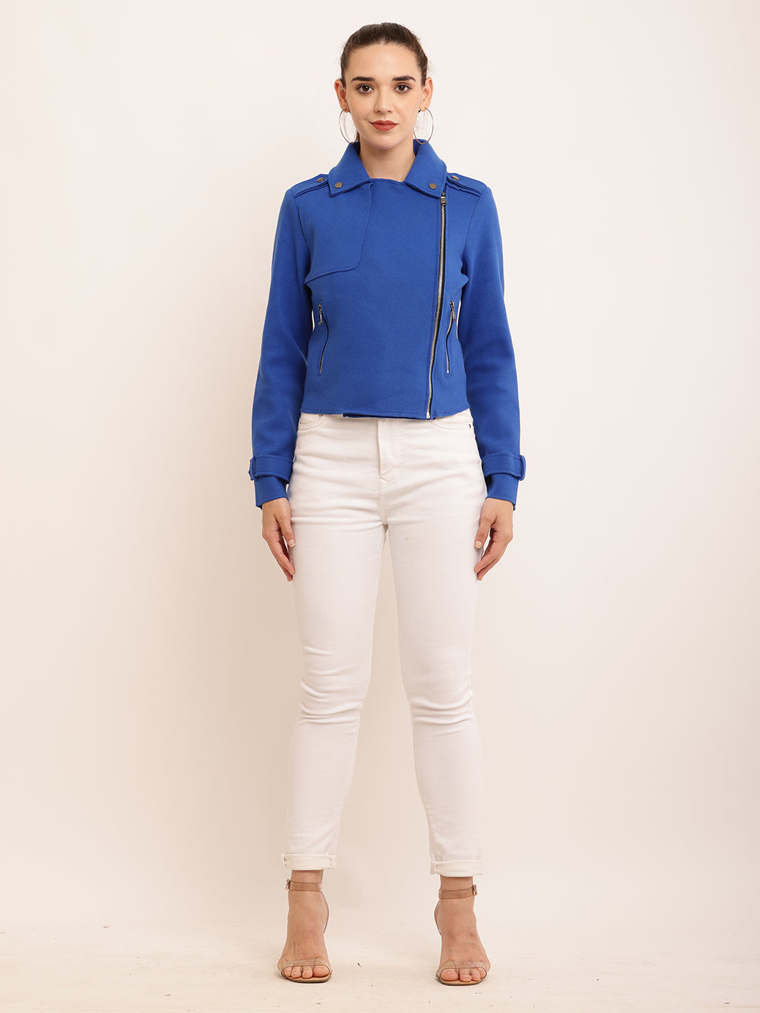 Cotton Full Sleeve with Lapel Collar Front Zipper Blue Jacket