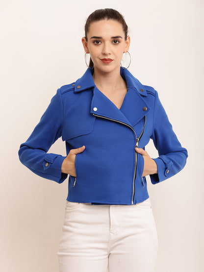 Cotton Full Sleeve with Lapel Collar Front Zipper Blue Jacket