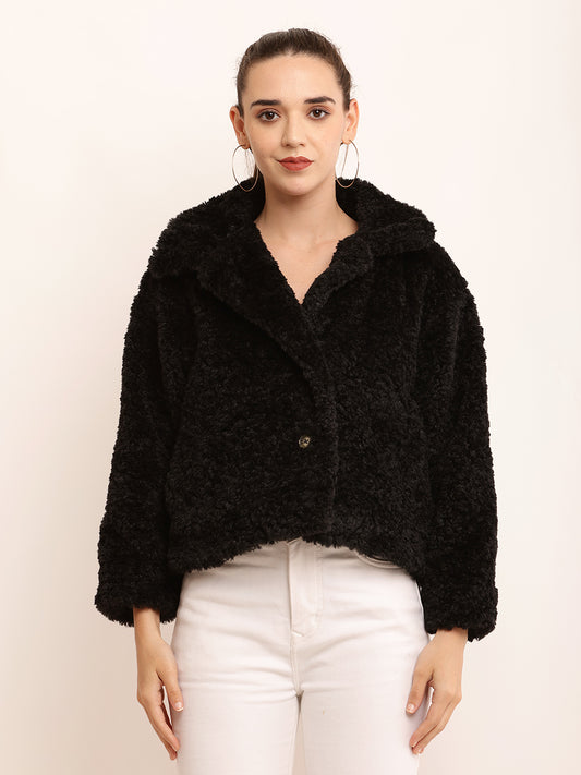 Polyester Full Sleeve with V-neck Winter Wear Faux Black Jacket