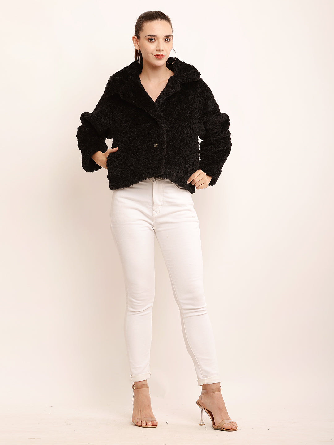 Polyester Full Sleeve with V-neck Winter Wear Faux Black Jacket