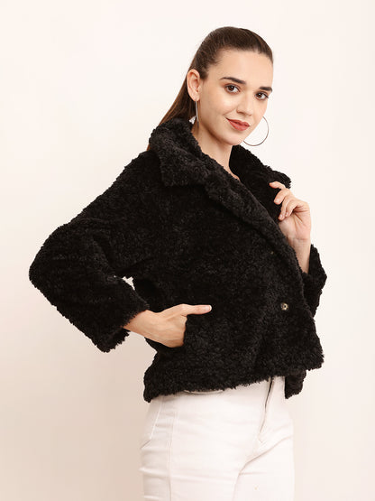 Polyester Full Sleeve with V-neck Winter Wear Faux Black Jacket