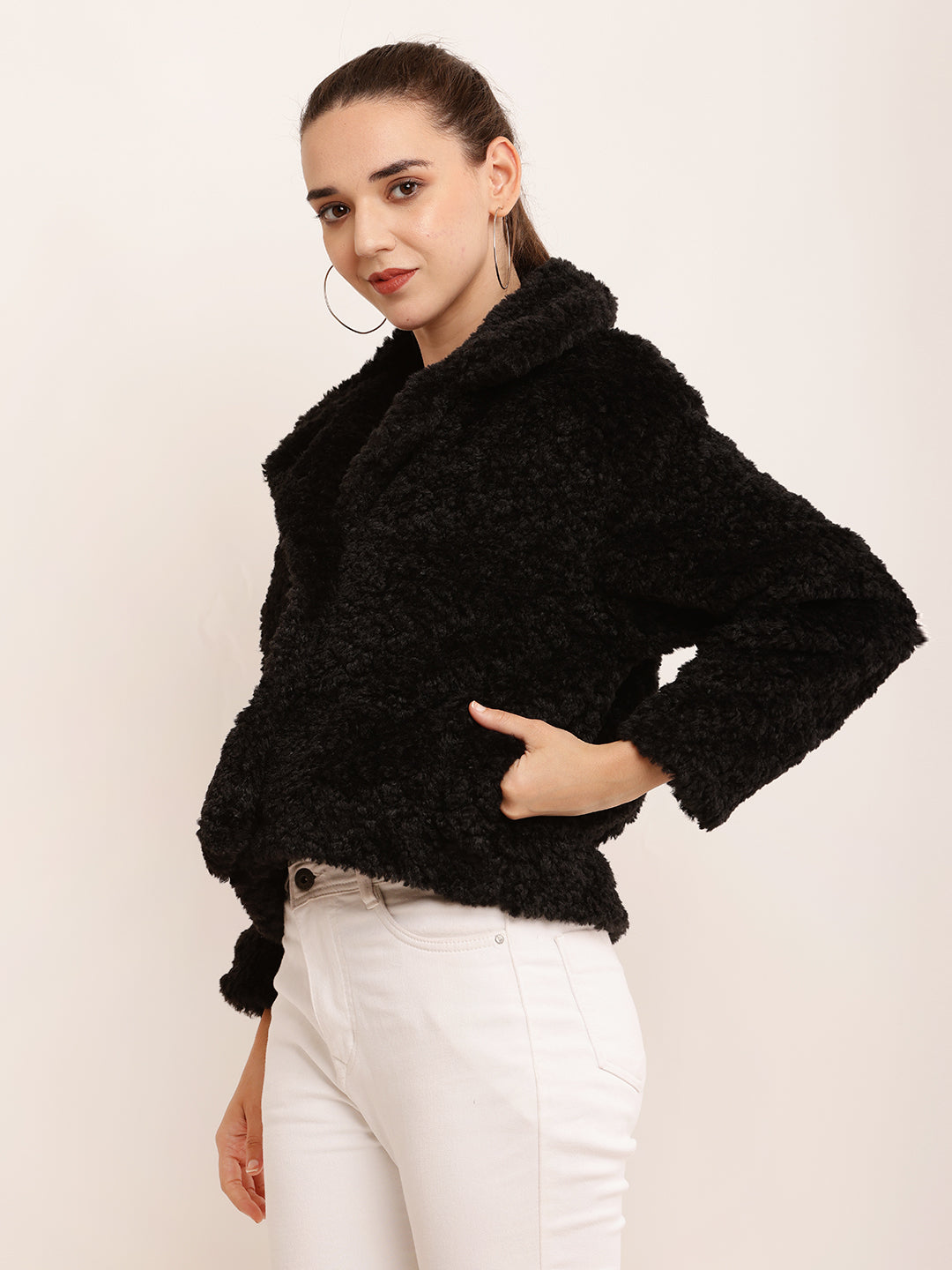 Polyester Full Sleeve with V-neck Winter Wear Faux Black Jacket