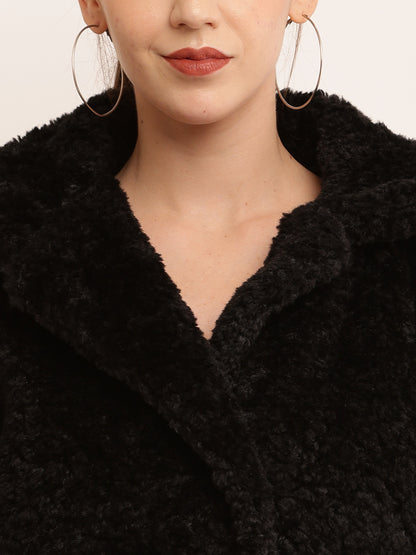 Polyester Full Sleeve with V-neck Winter Wear Faux Black Jacket