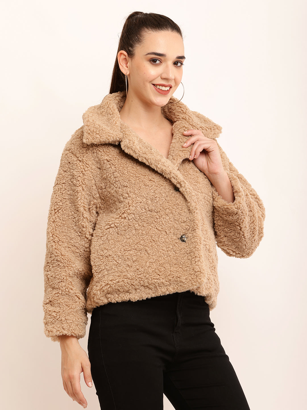 Polyester Full Sleeve with V-neck Winter Wear Faux Brown Jacket