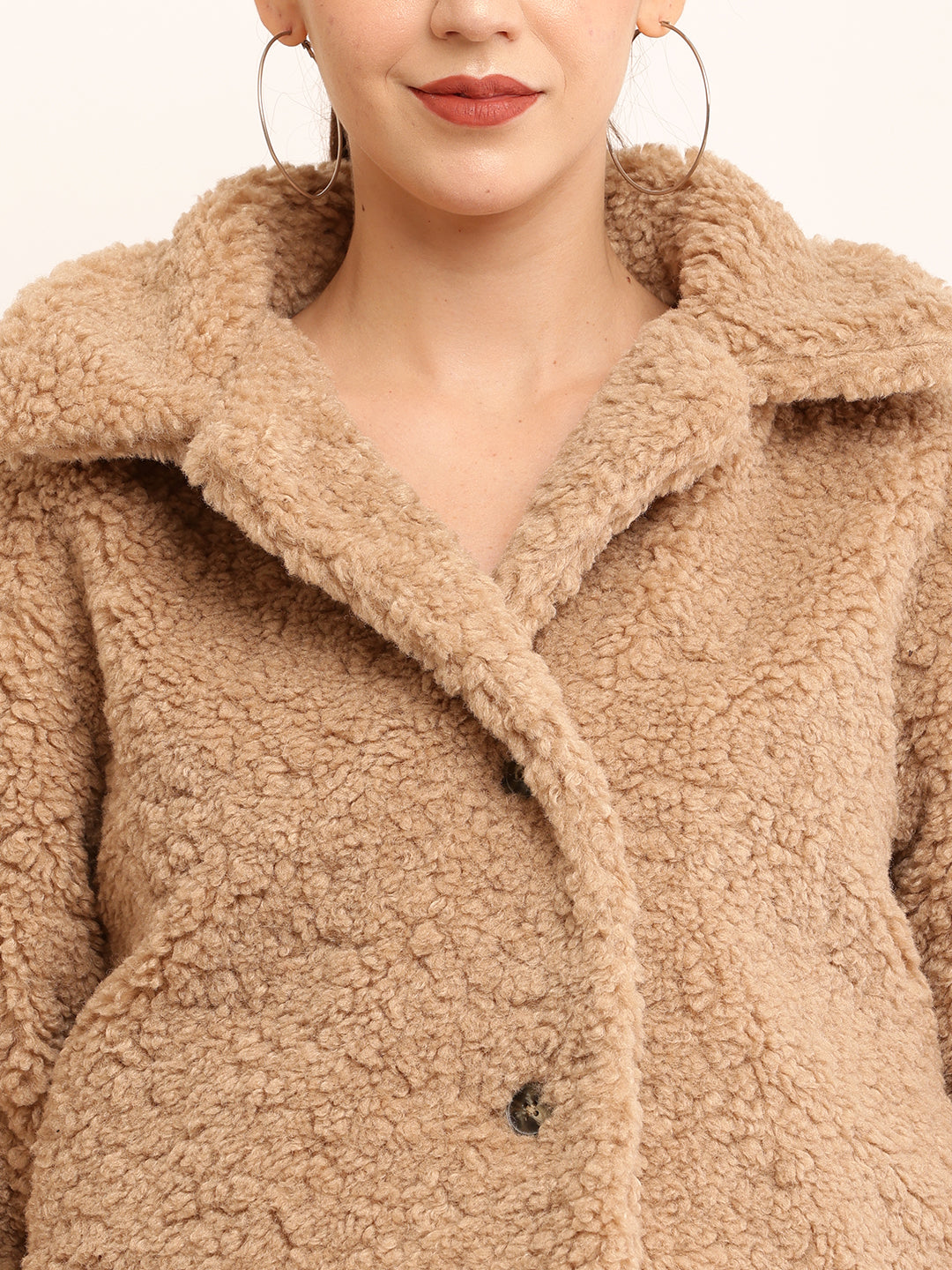 Polyester Full Sleeve with V-neck Winter Wear Faux Brown Jacket