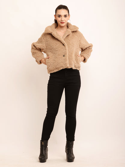 Polyester Full Sleeve with V-neck Winter Wear Faux Brown Jacket