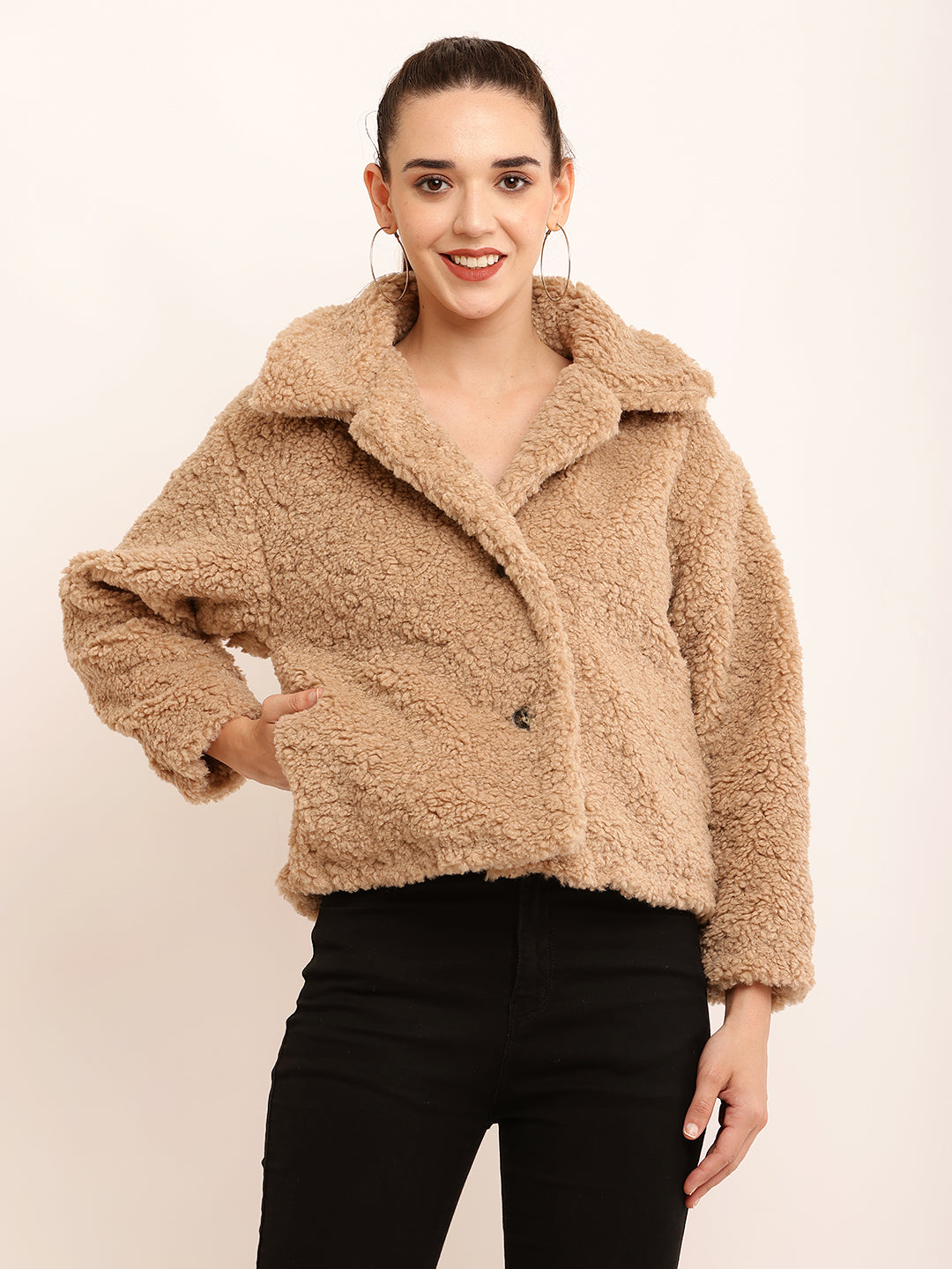 Polyester Full Sleeve with V-neck Winter Wear Faux Brown Jacket