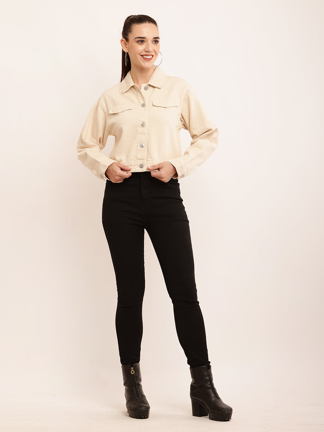 Cream Jacket with Cotton Full Sleeves and Shirt Collar