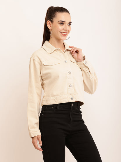 Cream Jacket with Cotton Full Sleeves and Shirt Collar