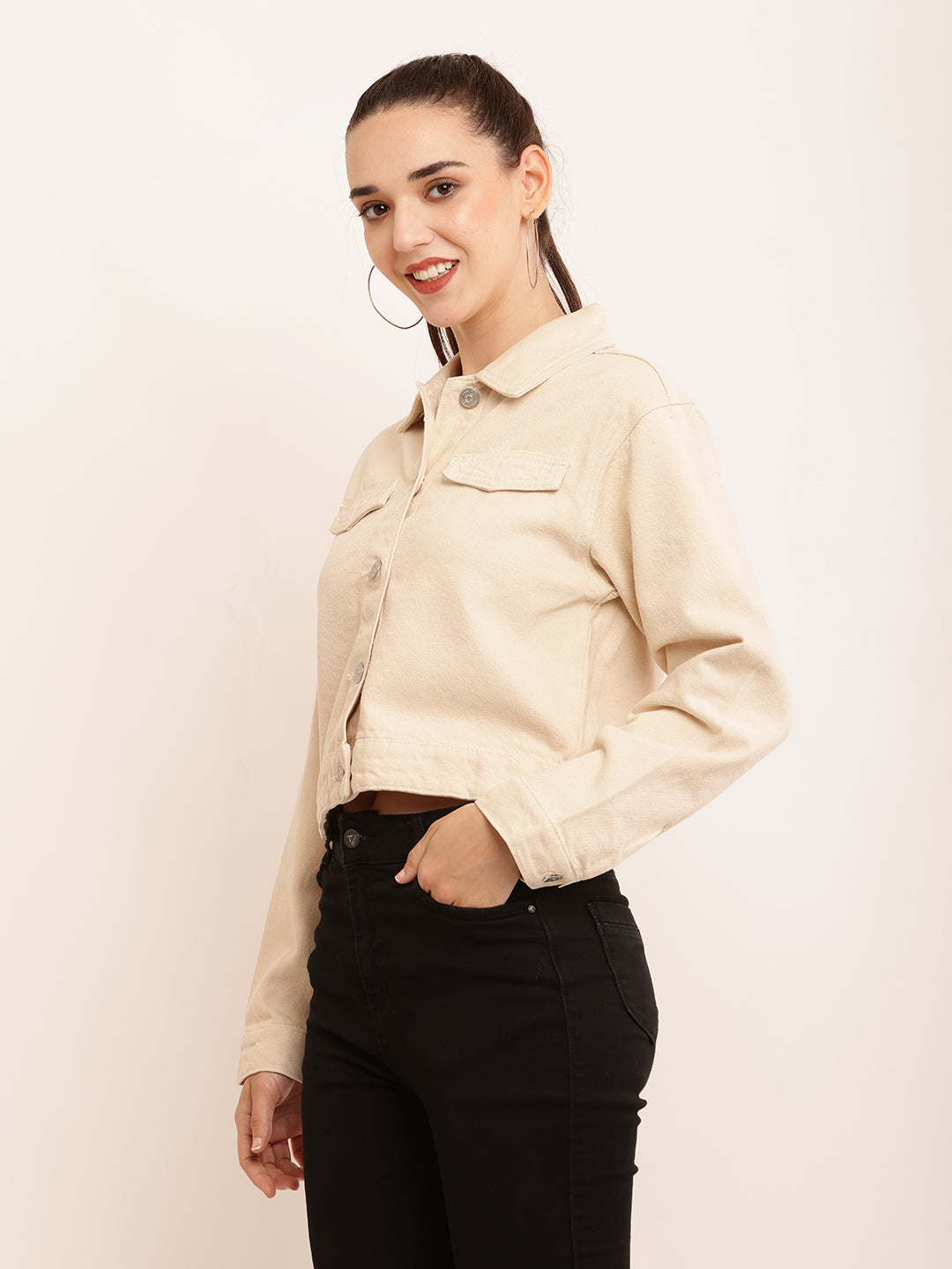 Cream Jacket with Cotton Full Sleeves and Shirt Collar