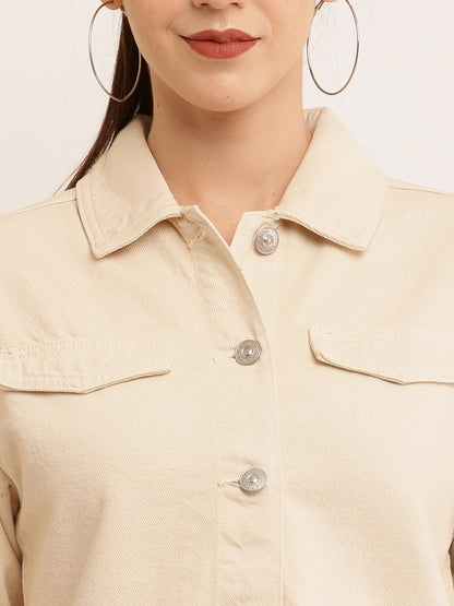 Cream Jacket with Cotton Full Sleeves and Shirt Collar