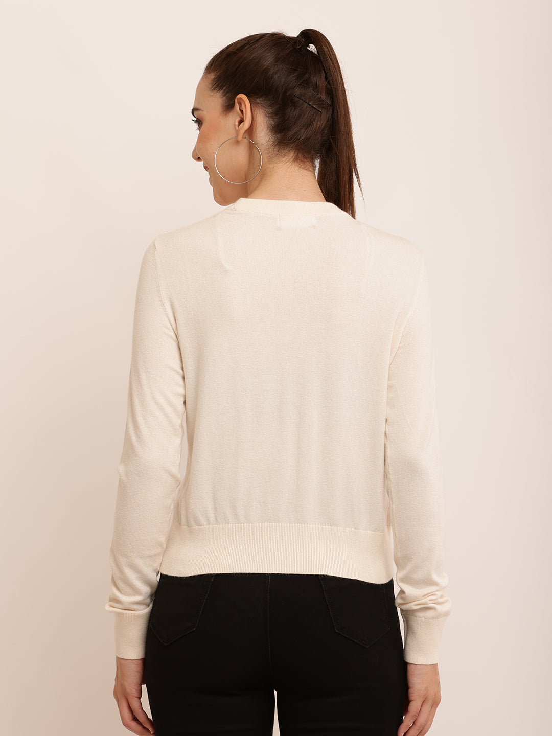 Viscose Full Sleeve with Round Neck Knitted Cream Top