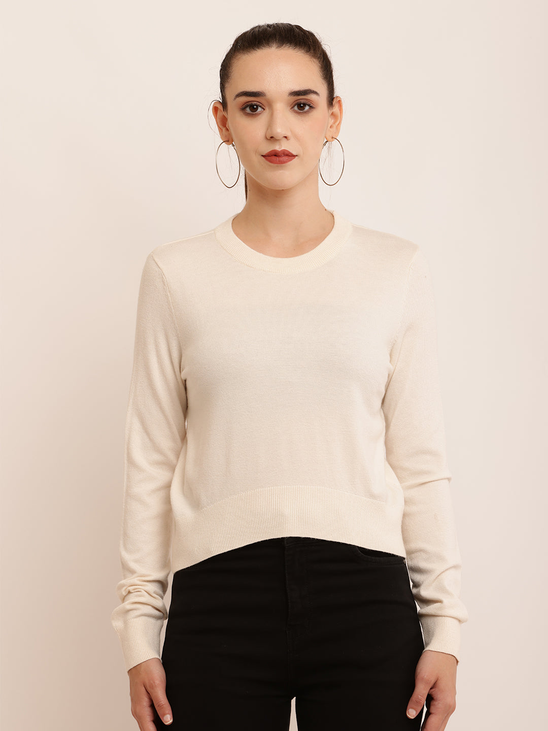 Viscose Full Sleeve with Round Neck Knitted Cream Top