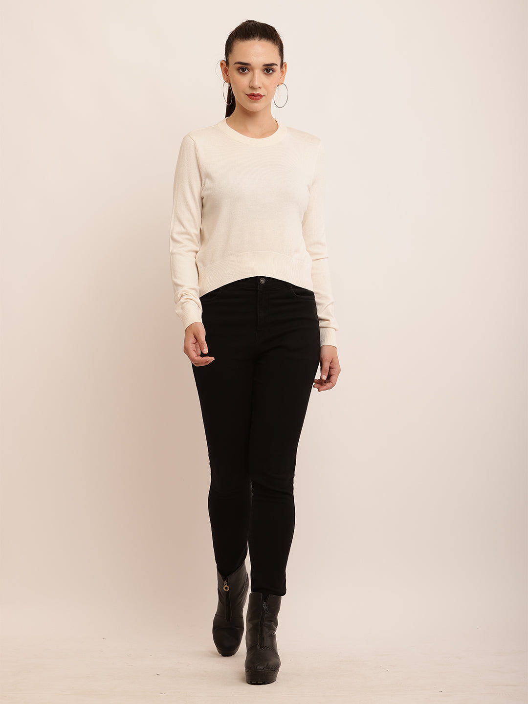 Viscose Full Sleeve with Round Neck Knitted Cream Top