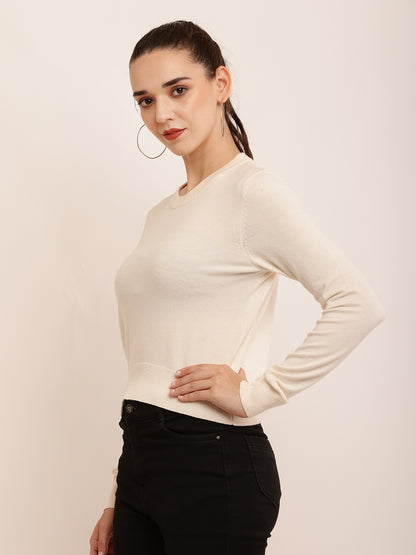 Viscose Full Sleeve with Round Neck Knitted Cream Top