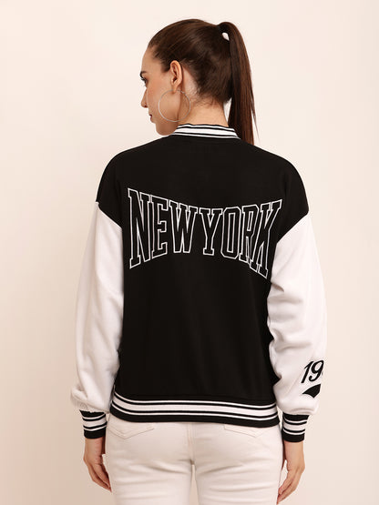 Polyester Applique detail Varsity-style bomber jacket in plush black