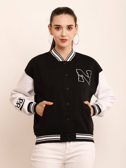 Polyester Applique detail Varsity-style bomber jacket in plush black