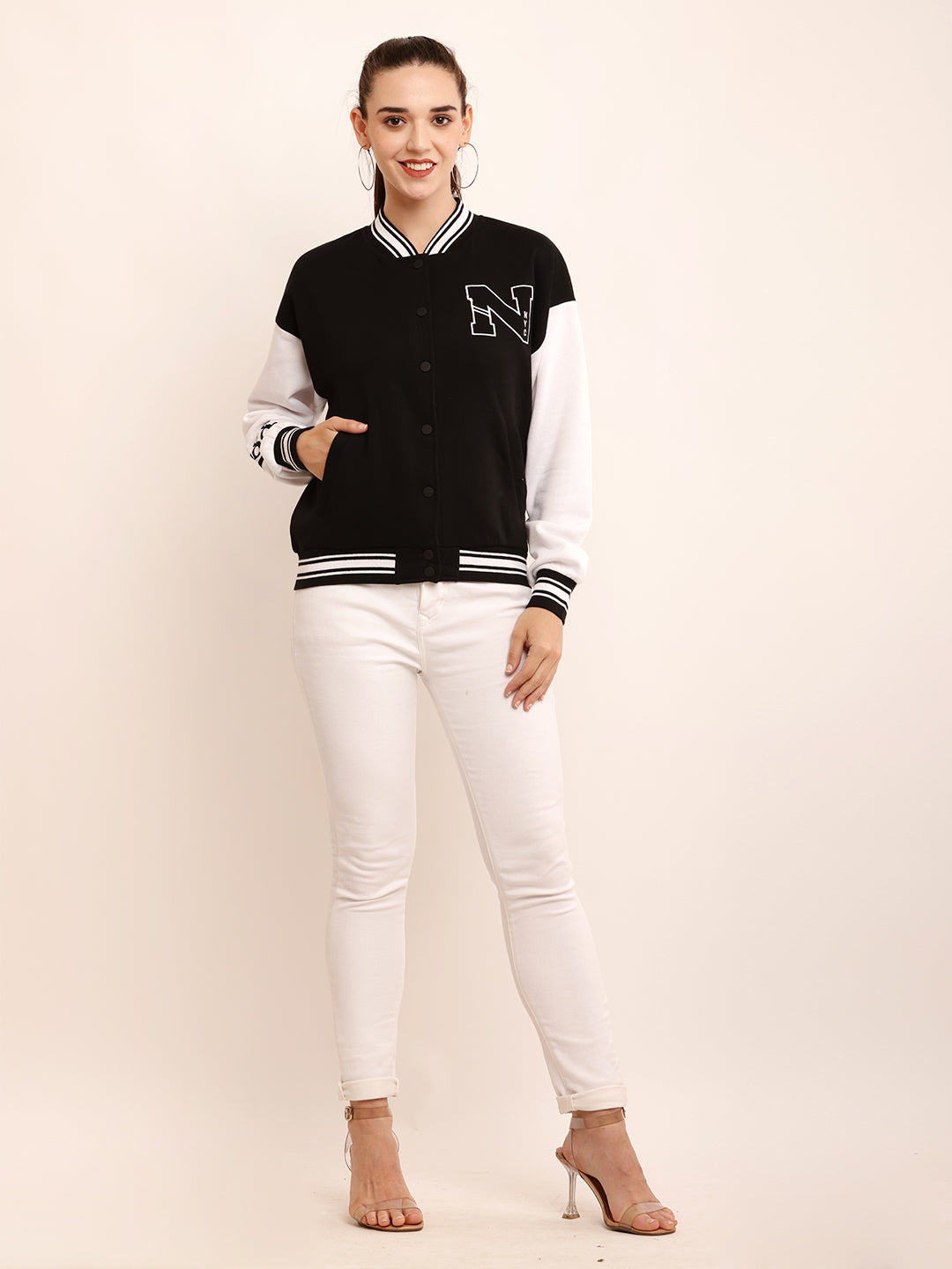 Polyester Applique detail Varsity-style bomber jacket in plush black