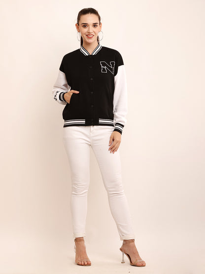 Polyester Applique detail Varsity-style bomber jacket in plush black