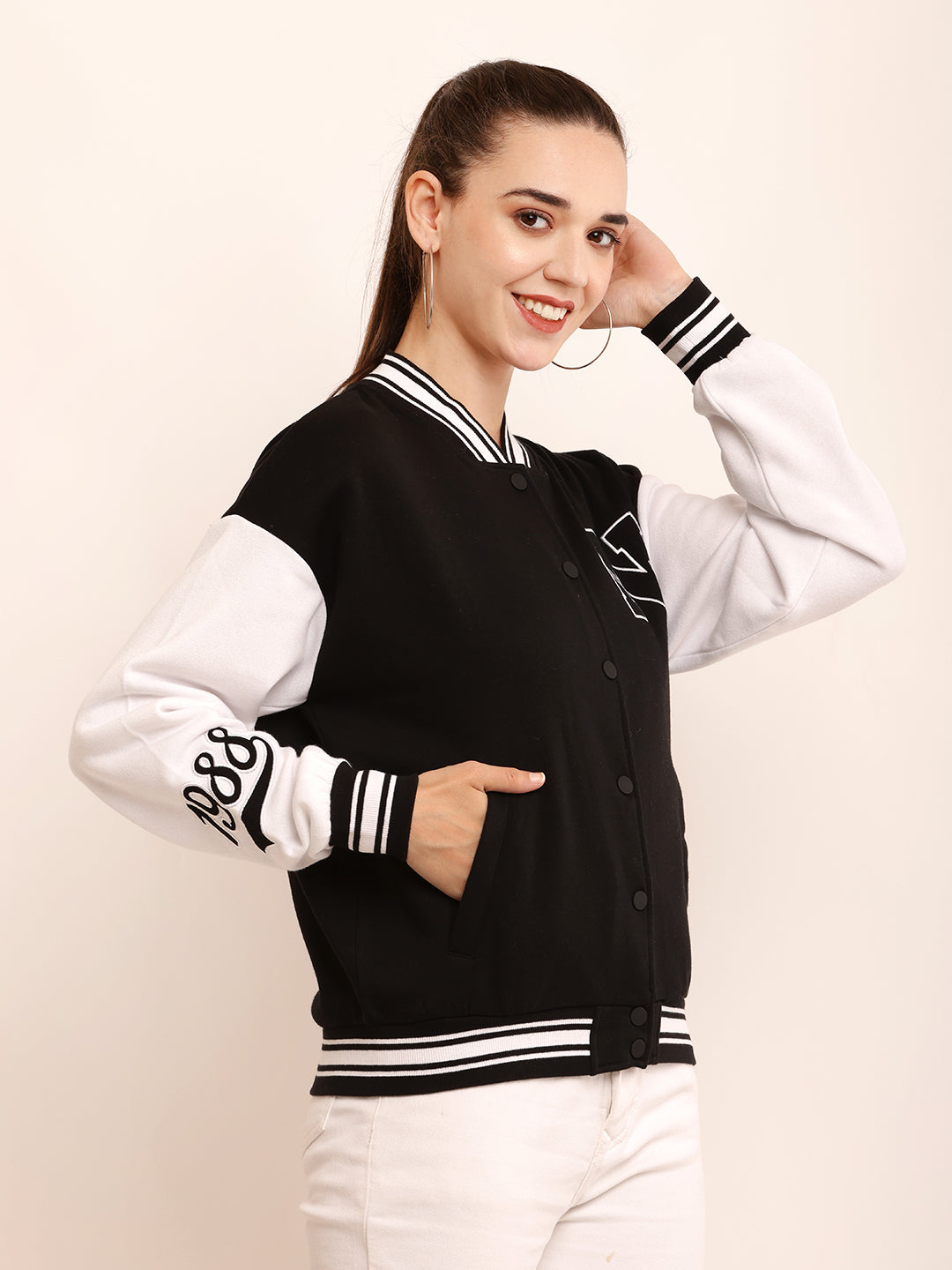 Polyester Applique detail Varsity-style bomber jacket in plush black