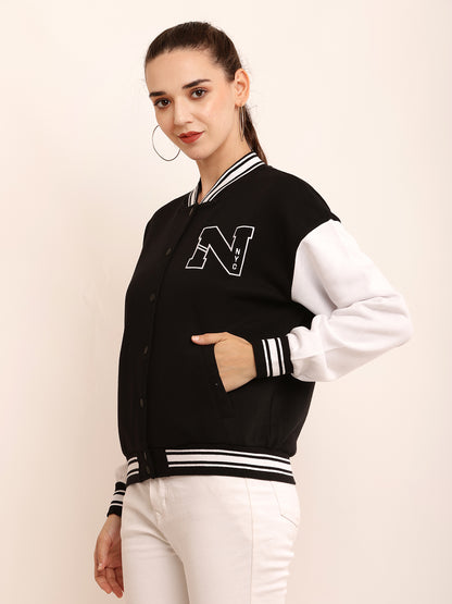 Polyester Applique detail Varsity-style bomber jacket in plush black