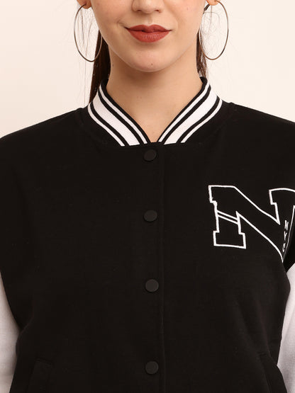 Polyester Applique detail Varsity-style bomber jacket in plush black