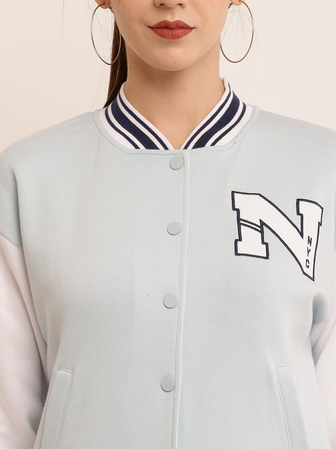 Polyester Applique detail Varsity-style bomber jacket in plush Sky-blue