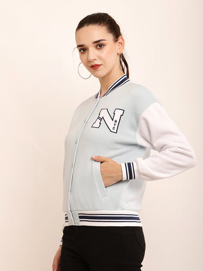 Polyester Applique detail Varsity-style bomber jacket in plush Sky-blue