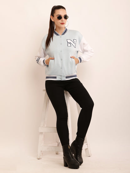 Polyester Applique detail Varsity-style bomber jacket in plush Sky-blue