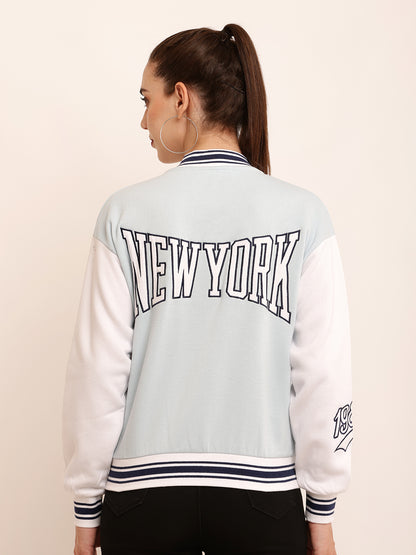 Polyester Applique detail Varsity-style bomber jacket in plush Sky-blue