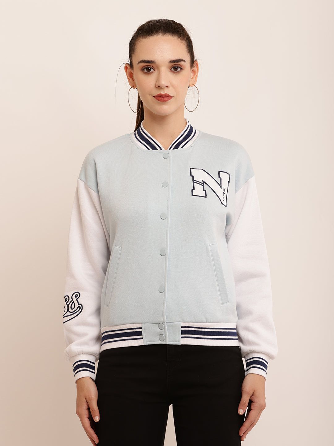 Polyester Applique detail Varsity-style bomber jacket in plush Sky-blue