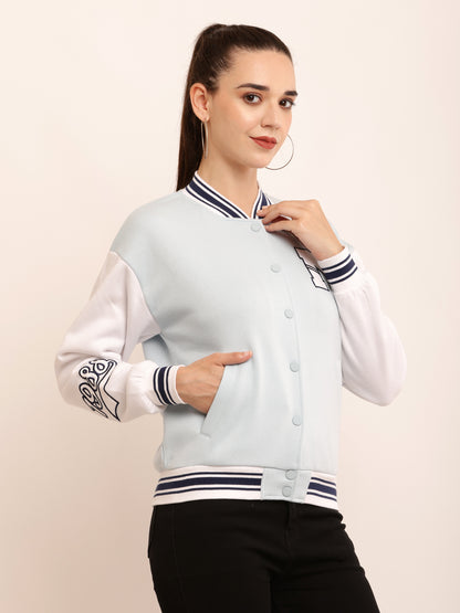 Polyester Applique detail Varsity-style bomber jacket in plush Sky-blue