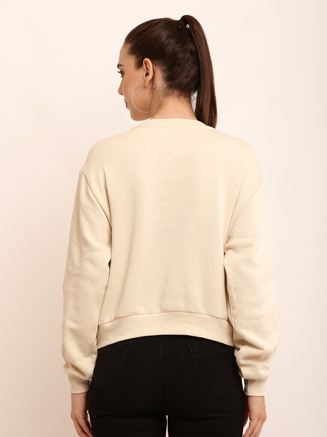 Cotton Full Sleeve with Round Neck Solid Cream Sweatshirt