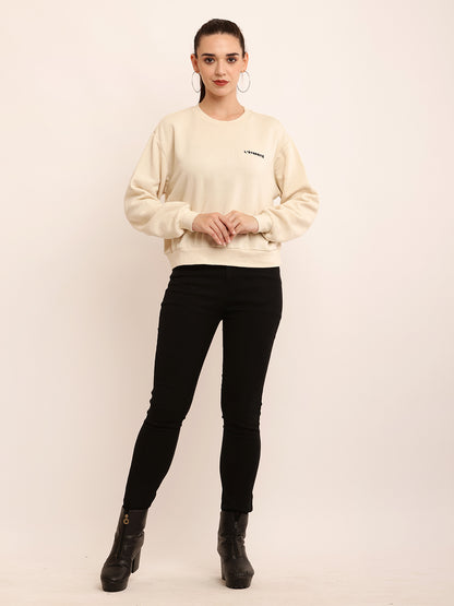 Cotton Full Sleeve with Round Neck Solid Cream Sweatshirt