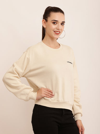 Cotton Full Sleeve with Round Neck Solid Cream Sweatshirt