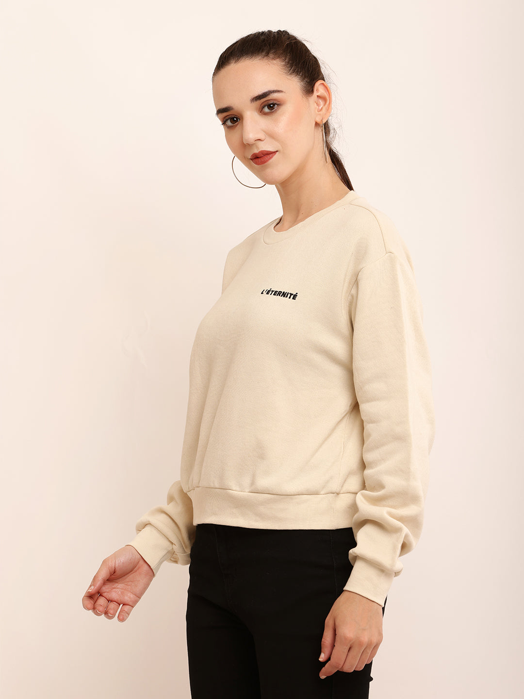 Cotton Full Sleeve with Round Neck Solid Cream Sweatshirt