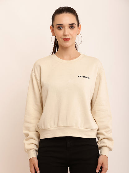 Cotton Full Sleeve with Round Neck Solid Cream Sweatshirt