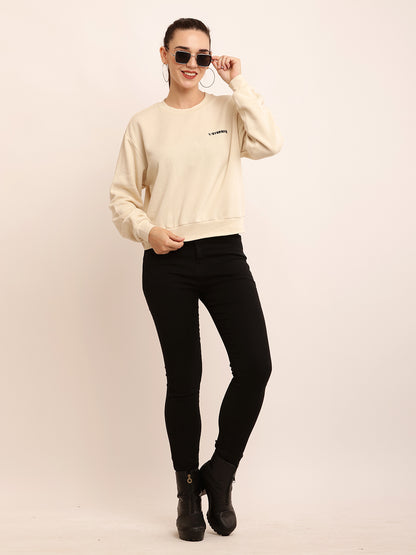 Cotton Full Sleeve with Round Neck Solid Cream Sweatshirt