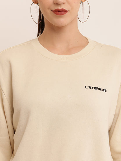 Cotton Full Sleeve with Round Neck Solid Cream Sweatshirt