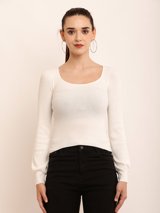 Viscose Round Neck with full sleeve white Ribbed Top