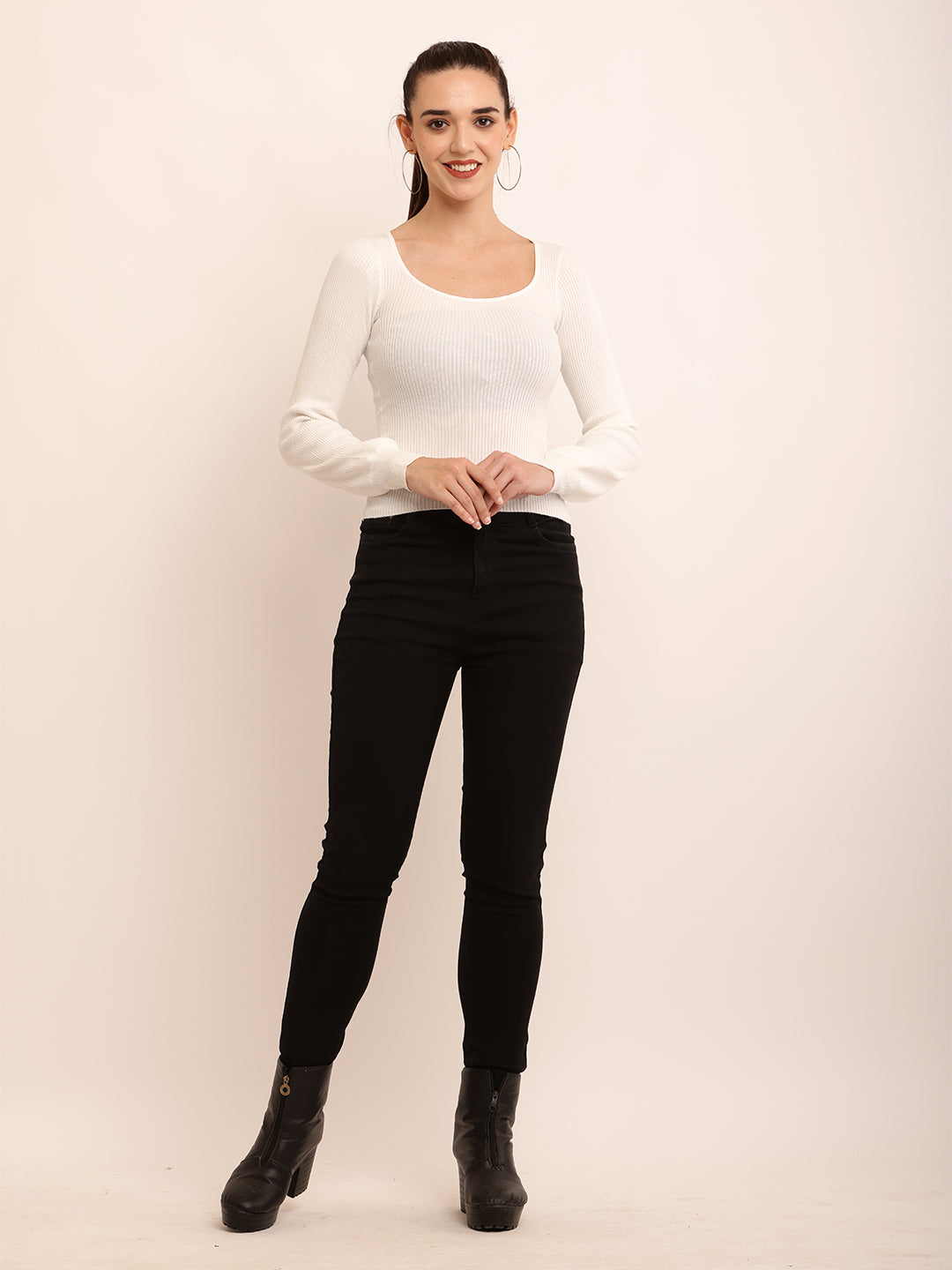 Viscose Round Neck with full sleeve white Ribbed Top