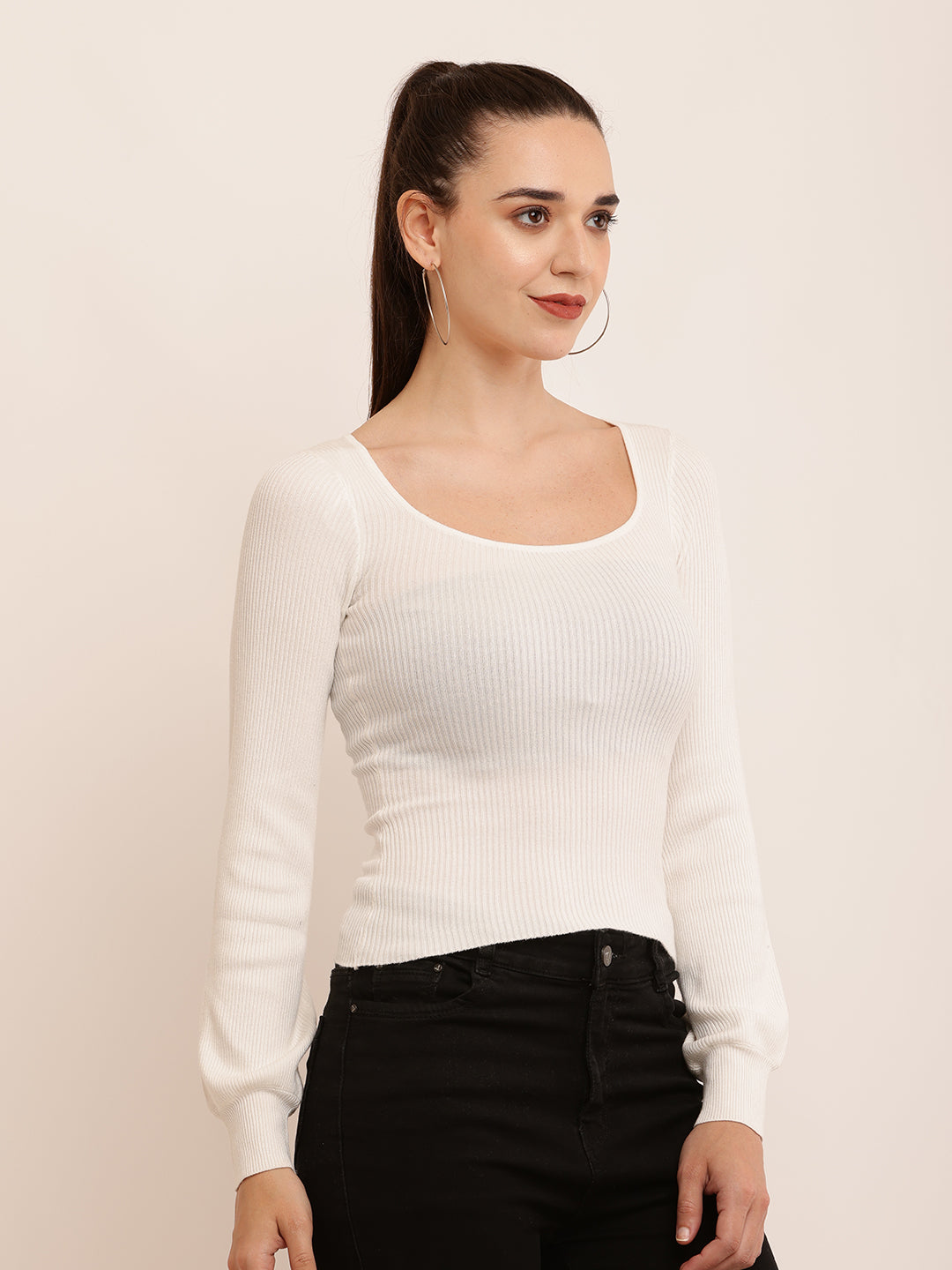 Viscose Round Neck with full sleeve white Ribbed Top