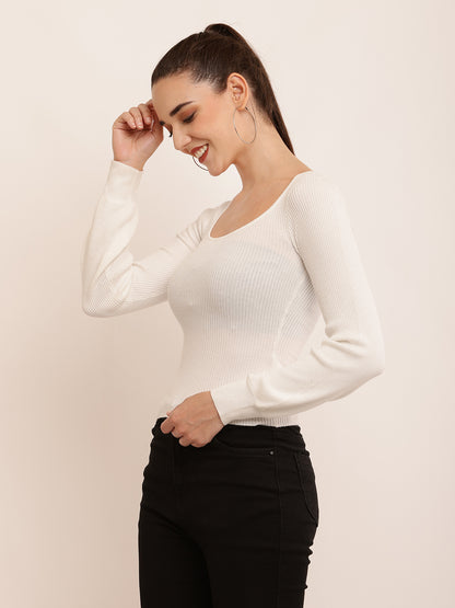 Viscose Round Neck with full sleeve white Ribbed Top