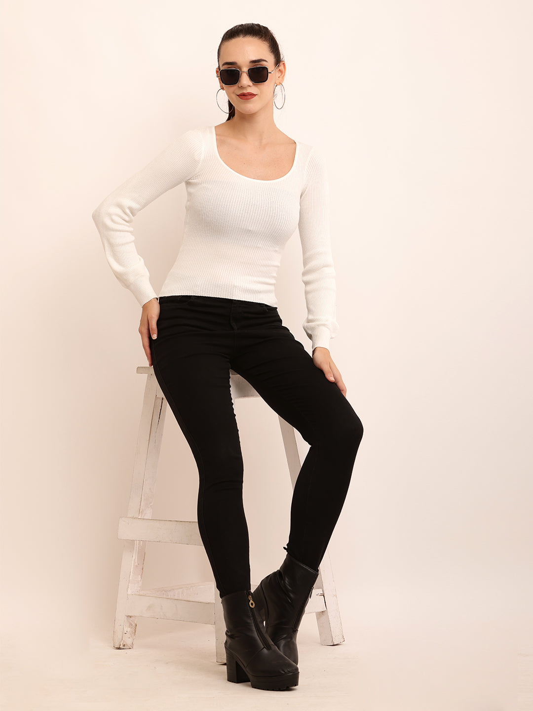 Viscose Round Neck with full sleeve white Ribbed Top