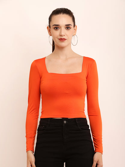 Viscose Full Sleeve with Square Neck Orange Top