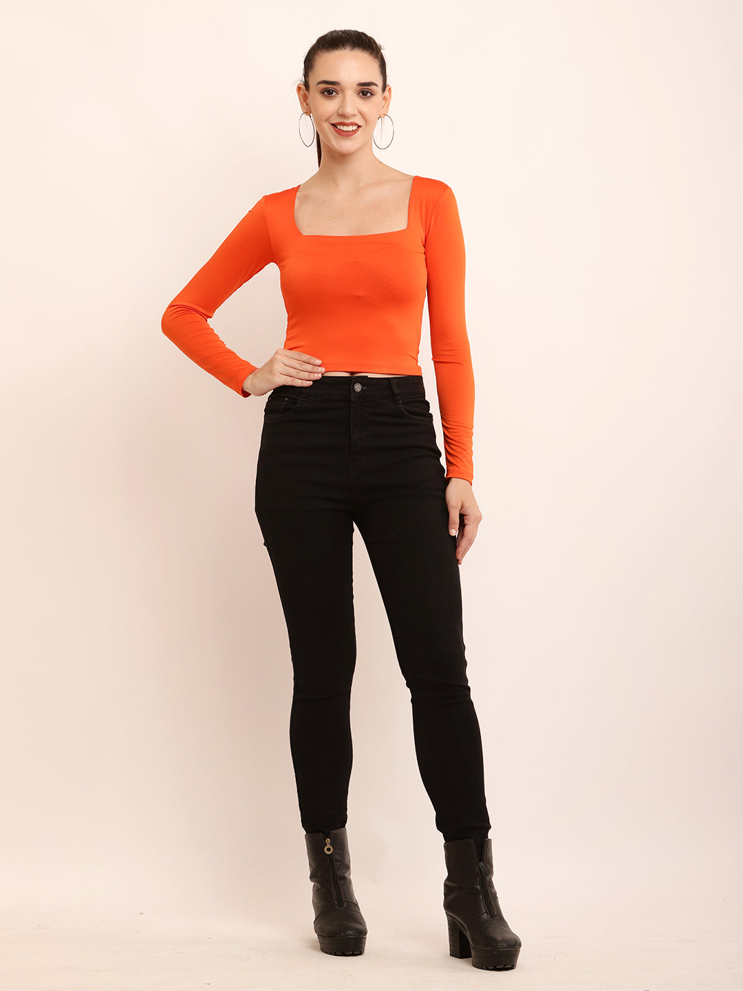 Viscose Full Sleeve with Square Neck Orange Top