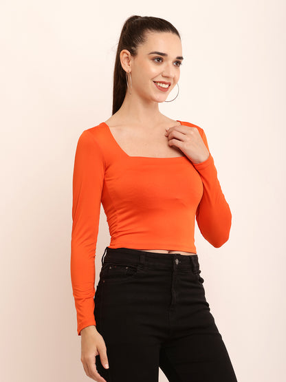 Viscose Full Sleeve with Square Neck Orange Top