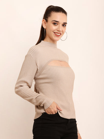 Viscose Chest Cut out Ribbed Turtle Neck Crop Grey Top 